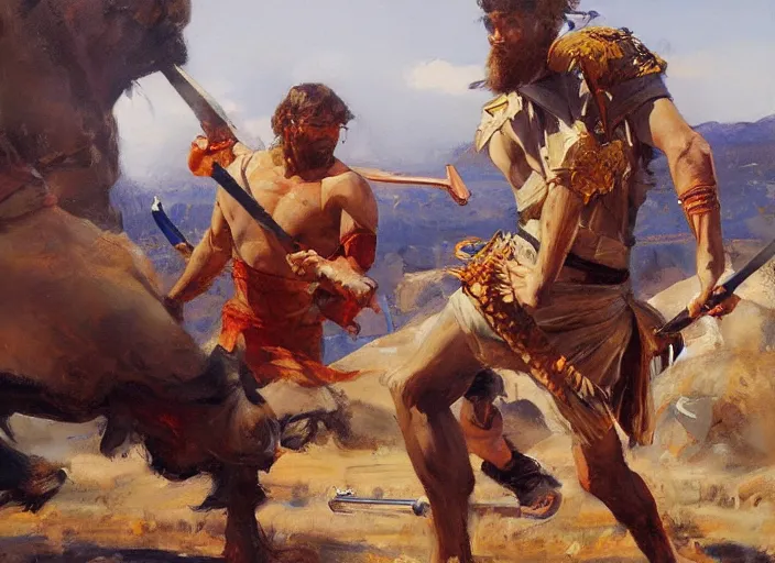 Prompt: a highly detailed beautiful portrait of king david slaying goliath, by gregory manchess, james gurney, james jean