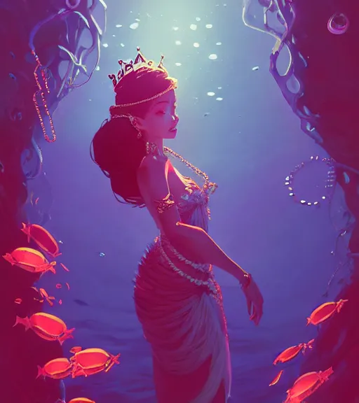 Image similar to portrait of a beautiful queen of the ocean with coral jewelry in complex and shiny dress made by jellyfish, by ross tran and atey ghailan, by greg rutkowski, by greg tocchini, by james gilleard, by joe fenton, by kaethe butcher, dynamic lighting, grunge aesthetic