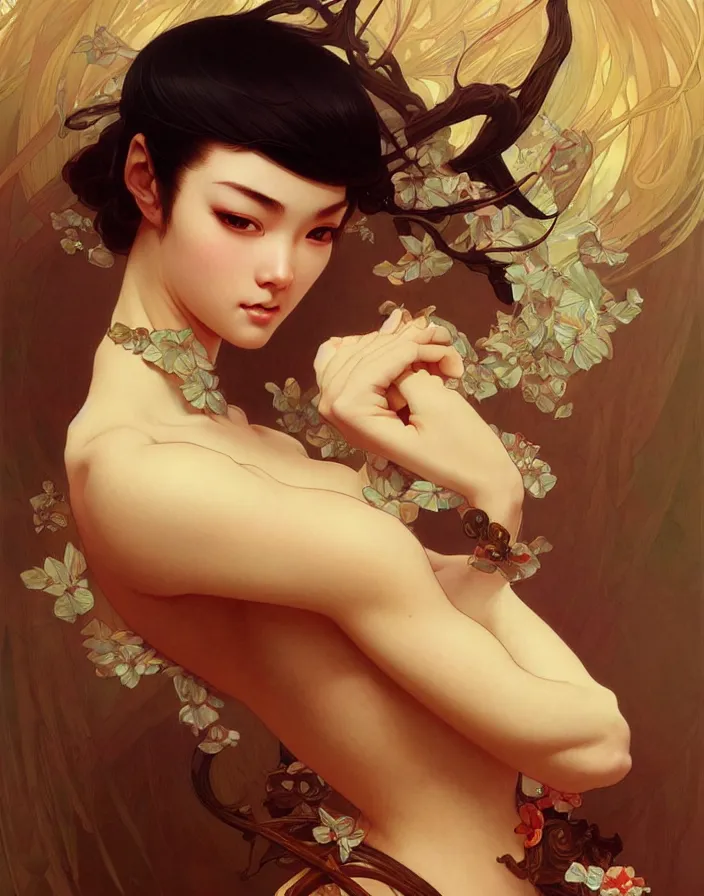 Image similar to portrait of ichigo, intricate, elegant, highly detailed, digital painting, artstation, concept art, smooth, sharp focus, illustration, art by artgerm, greg rutkowski, alphonse mucha, uang guangjian, gil elvgren, sachin teng, symmetry!!