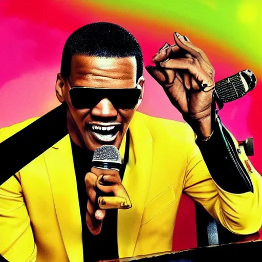 Image similar to the next best jamaican riddims dub trap phonk album cover, jamie foxx as ray charles movie