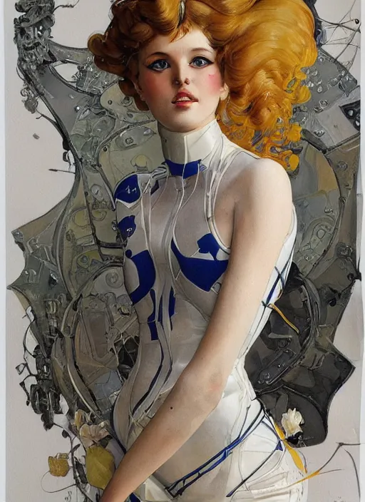 Image similar to a copic maker art nouveau portrait of a russian model girl detailed features wearing a atex suit weeding designed by balenciaga by john berkey, norman rockwell akihiko yoshida