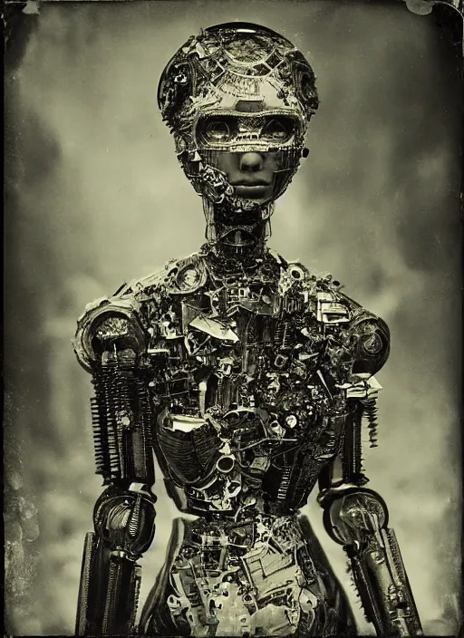 Image similar to old wetplate daguerreotype portrait of futuristic female robot in a deserted city, explosion of data fragments, fractal, intricate, elegant, highly detailed, parallax, leica, medium format, subsurface scattering, by jheronimus bosch and greg rutkowski and louis jacques mande daguerre