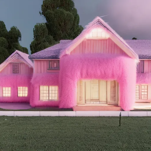 Image similar to extremly detailed house made of pink fluffy fur, photorealistic, high details, 8 k, sharp focus, octane render, volumetric light