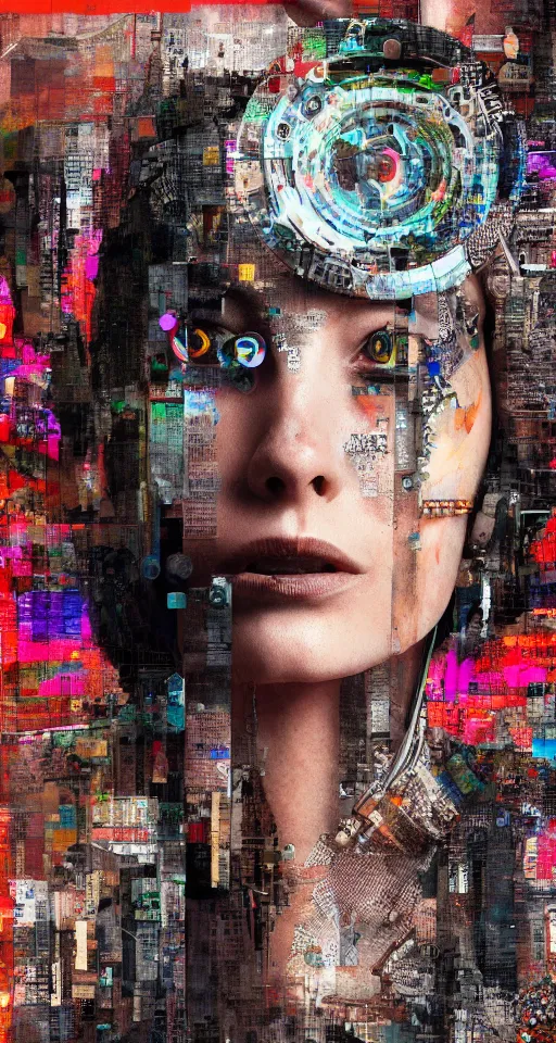 Prompt: Portrait of a Cyborg Queen, cyberpunk, collage art, mixed media, hypermaximalist, photo realistic, 8k