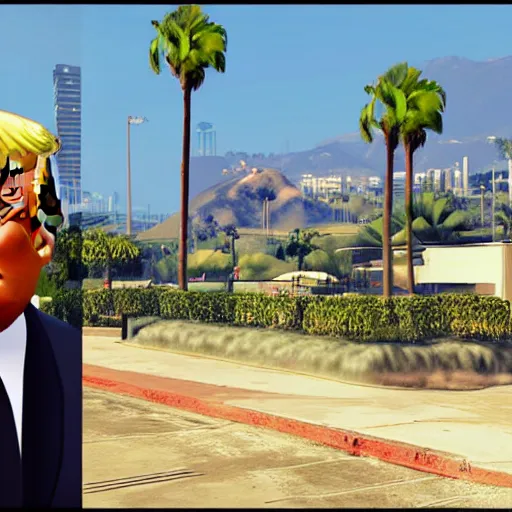 Image similar to Donald trump in GTA V . Los Santos in background, palm trees. in the art style of Stephen Bliss