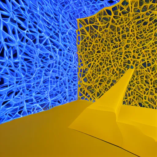 Image similar to 3 d render of a 3 d physarum simulation, yellow over blue background, octane, detailed, new media art