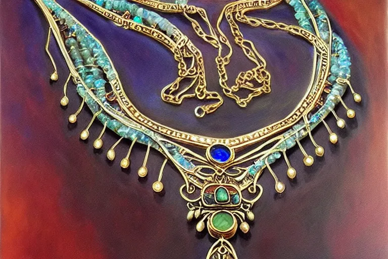 Prompt: highly detailed oil painting, necklace shown from north to south, very realistic gemstones, art nouveau, ornate, delicate, brilliant precious gemstones necklace, dramatic light,