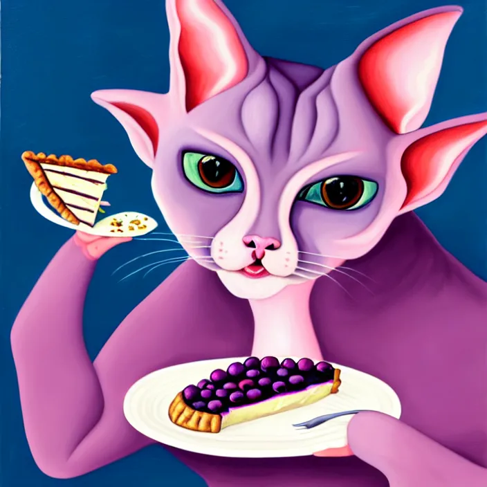 Image similar to an anthropomorphic sphynx cat fursona with big eyes eating a slice of blueberry pie, furry art, cute, oil on canvas, soft lighting