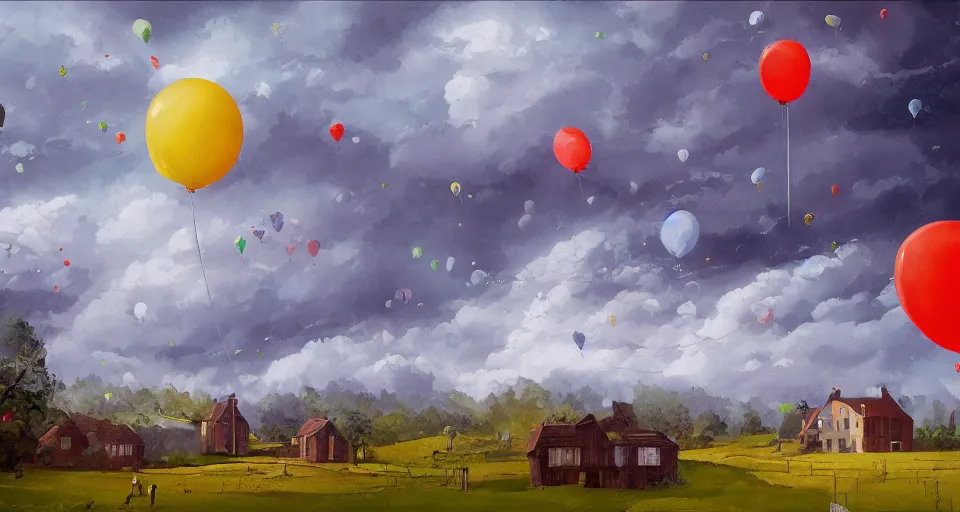 Image similar to House being lifted by hundreds of balloons in the sky, stormy weather, painted landscape, artstation