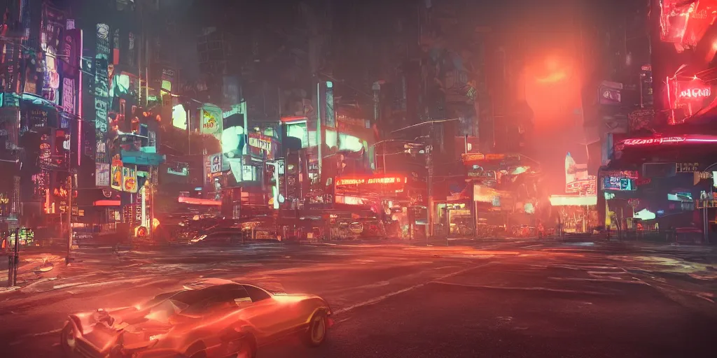 Image similar to a 3 d rendered in unreal engine guatemalan cyberpunk city with neon ads and signs with evocative dramatic mood with blade runner vibe with cars with motion blur with depth of field with bloom with lightshaft with volumetric lights, fog, by scott robertson, oscar winning graphics, photo realistic, bloom, imax, dynamic lighting, artstation,
