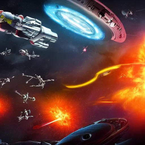 Image similar to epic scene of space battle with spaceship explouding warriors all over the scene, panoramic, realistic 4 k