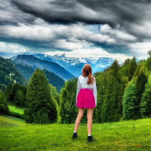 Image similar to a beautiful photograph of a girl with switzerland landscape in the background with trees, hdr, 8 k, high quality, sharp focus, artstation, highly detailed, award - winning, dramatic lighting, beautiful clouds, and nature