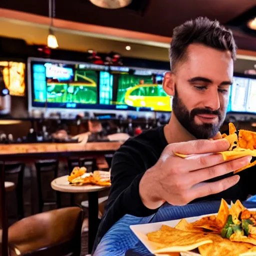 Prompt: a man sitting in a sports bar eating nachos