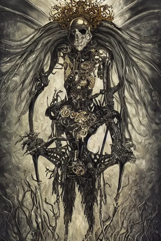 Image similar to The Knight of Bones by Karol Bak, Jean Deville, Gustav Klimt, and Vincent Van Gogh, portrait of a handsome vampire knight in armor, piercing grey eyes, ornate armor covered in thorns, bat wings, ornate dramatic bat wing helmet, mystic eye, otherworldly, skulls, fractal structures, arcane, inscribed runes, infernal relics, ornate gilded medieval icon, third eye, spirals