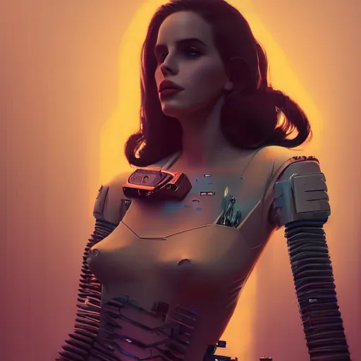 Image similar to portrait of lana del rey as a cyborg. intricate abstract. intricate artwork cyberpunk by tooth wu, wlop, beeple, dan mumford. octane render, trending on artstation, greg rutkowski ruan jia, cinematic, hyper realism, unreal 4, high detail, octane render, 8 k, key art, iridescent accents