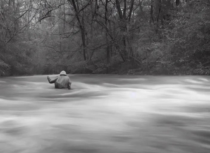 Image similar to photo of a ghostly figure floating over a river, cinematic, blair witch project, real