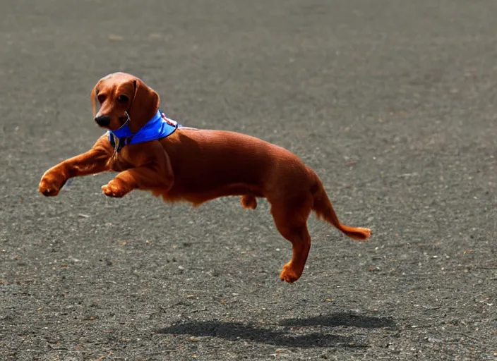 Image similar to brown dauchshund skydiving in a jumpsuit