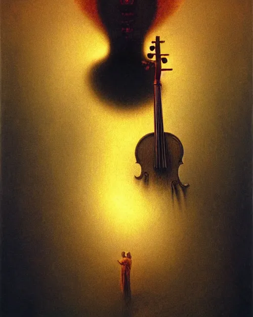 Image similar to a extremely detailed masterpiece of a violin singer in a steampunk, psychedelic symmetric lights and fog, opening a portal into another dimension, in the style of zdzislaw beksinski glowing light and shadow, hyperrealist, 8 k