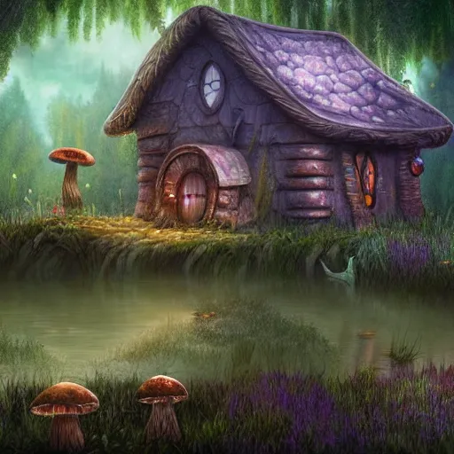 Image similar to mushroom house in a swamp, mystical, digital art, extremely detailed, oil painting, epic atmosphere, sense of scale, disney animation