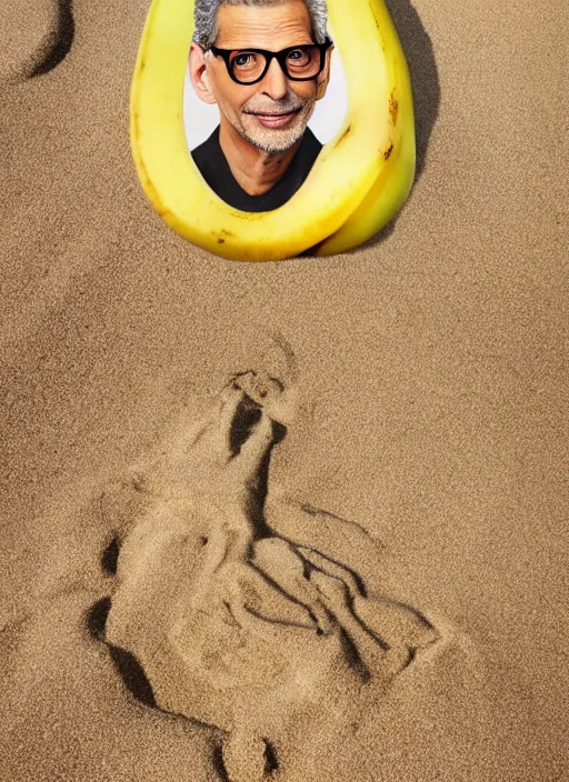 Image similar to jeff goldblum as a banana on the sand of a beach