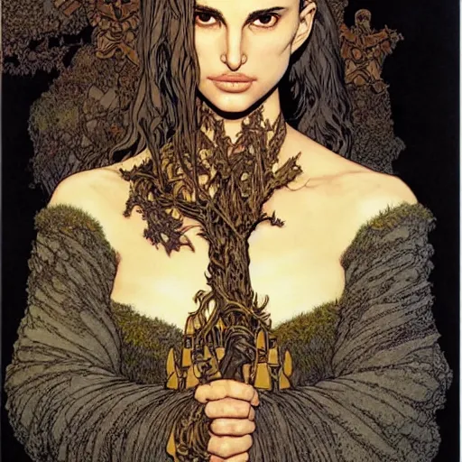 Image similar to a realistic, very beautiful and atmospheric portrait of a young natalie portman as a druidic warrior wizard looking at the camera with an intelligent but seductive gaze by rebecca guay, michael kaluta, charles vess and jean moebius giraud. low contrast, smooth lighting