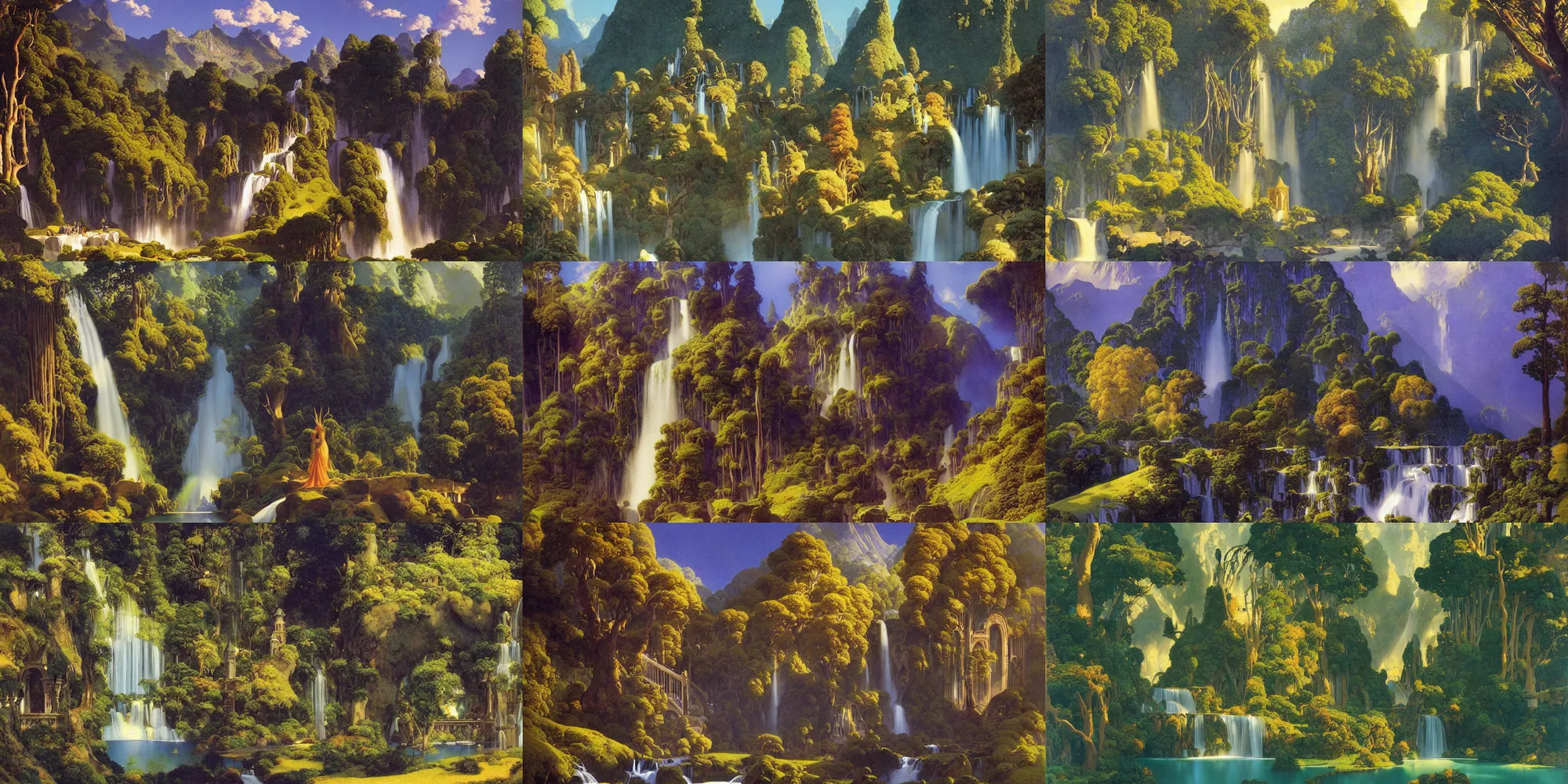 Prompt: beautiful painting of rivendell by maxfield parrish, stunning, very detailed, waterfalls, elven architecture, 4 k, high quality