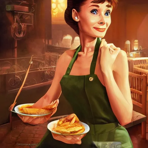 Image similar to Audrey Hepburn as a fry cook, high resolution fantasy concept art, intricate details, soft lighting