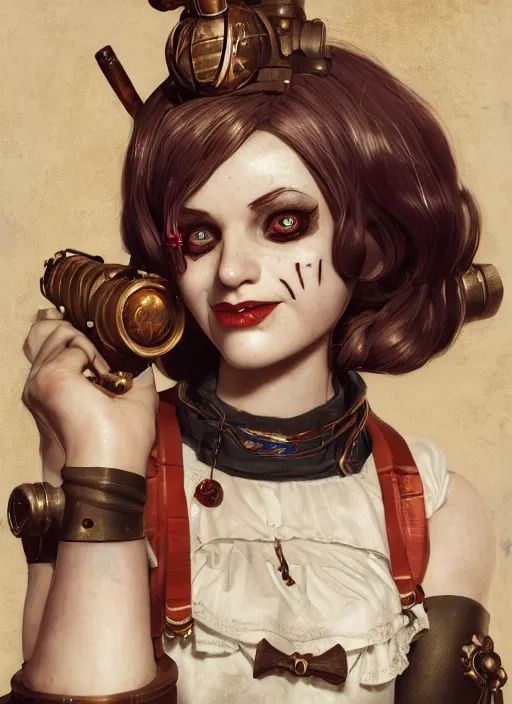 Image similar to bioshock steampunk portrait of harley quinn, au naturel, hyper detailed, digital art, trending in artstation, cinematic lighting, studio quality, smooth render, unreal engine 5 rendered, octane rendered, art style by klimt and nixeu and ian sprigger and wlop and krenz cushart