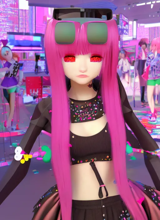 Image similar to vrchat, secondlife, imvu, 3 d model of a girl wearing harajuku colorful clothes, hq render, detailed textures, artstationhd, booth. pm, highly detailed attributes and atmosphere, dim volumetric cinematic lighting, hd, unity unreal engine