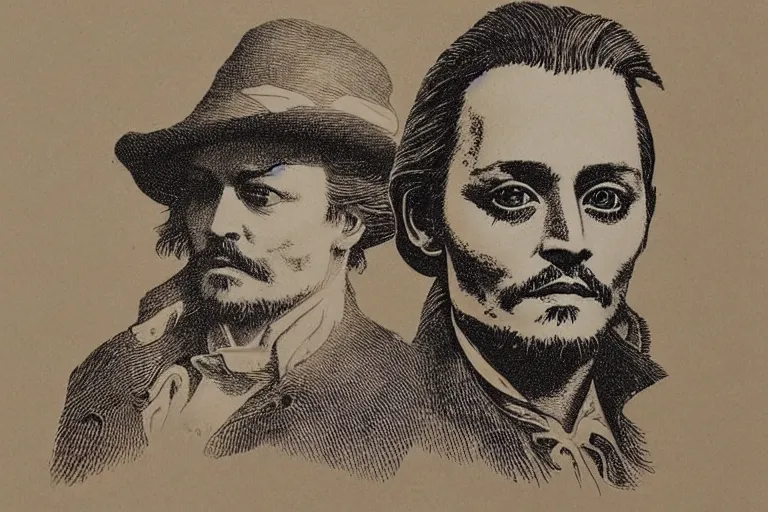 Image similar to An engraved portrait of Johnny Depp , detailed!!! copper-plate engraving in the style of money bills, fine!!! lines, engraved by Alfred Sealey, Bureau of Engraving and Printing