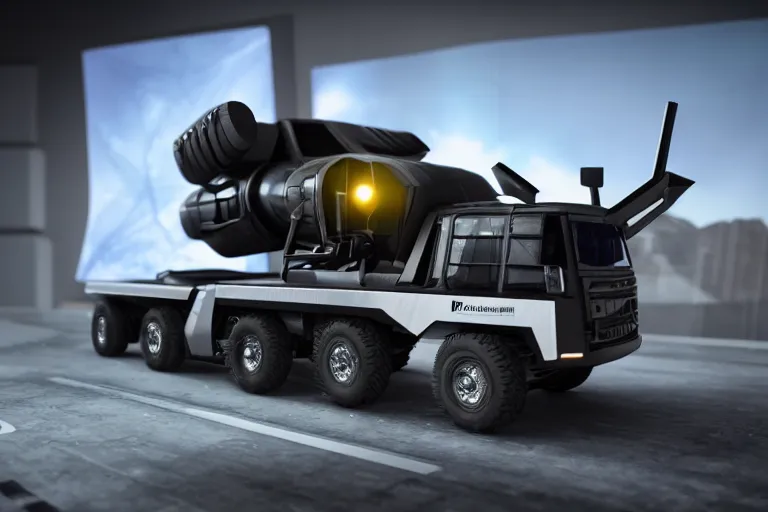 Image similar to still photo of a futuristic remote control truck, highly detailed, photorealistic portrait, bright studio setting, studio lighting, crisp quality and light reflections, unreal engine 5 quality render