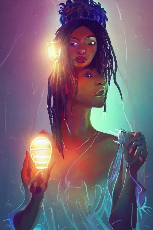 Prompt: A beautiful portrait of one goddess in a bamboo boat floating in the forest river holding glowy lamp close to her face, afrofuturism style, vibrant bright cyberpunk color scheme, sharp, well focused, volumetric lighting, artstation HD, 8K