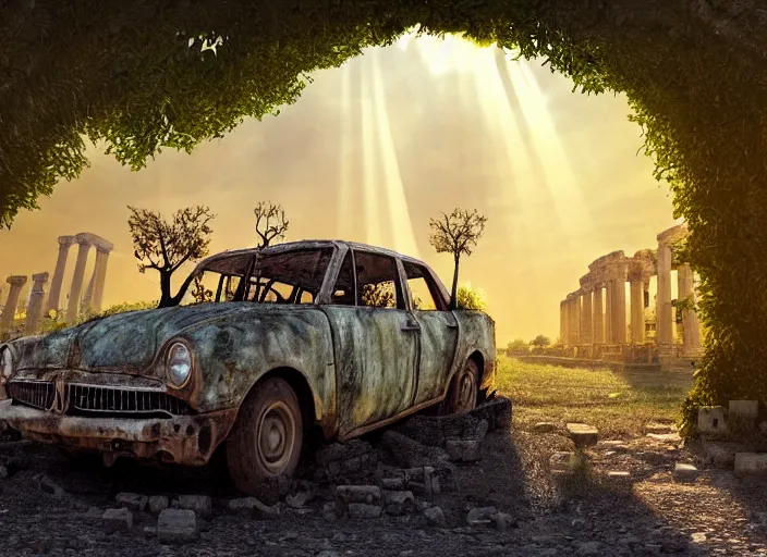 Image similar to a tree growing on a scrap car in ancient greek ruins, gray wasteland, many scrap cars, overgrown, pillars and arches, colorful flowers, vines, hyperrealistic, highly detailed, cinematic, ray of golden sunlight, beautiful, cgsociety, artstation, 8 k, pixar style by tristan eaton, artgerm, tom bagshaw