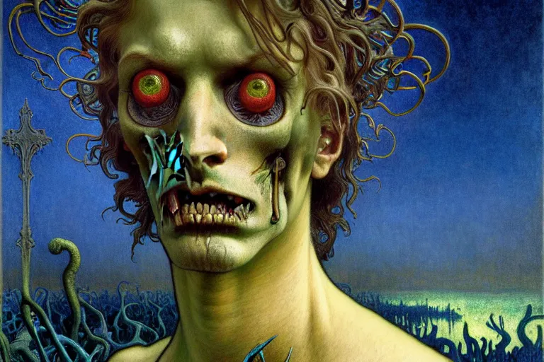 Image similar to realistic detailed portrait painting of a male zombie, nightly graveyard landscape background by Jean Delville, Amano, Yves Tanguy, Alphonse Mucha, Ernst Haeckel, Edward Robert Hughes, Roger Dean, masterpiece, cinematic composition, dramatic pose, 4k details, rich moody colours, blue eyes