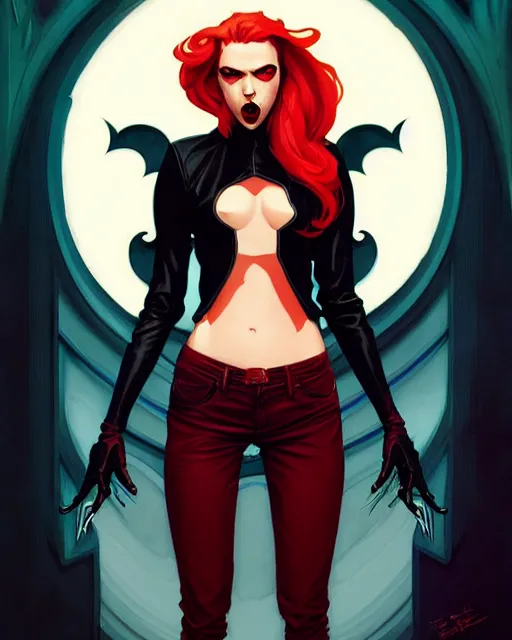 Image similar to rafael albuquerque comic art, art nouveau, peter mohrbacher, artgerm, pretty scarlett johansson vampire sharp vampire teeth open mouth, symmetrical eyes, black leather jacket, jeans, long blonde hair, full body