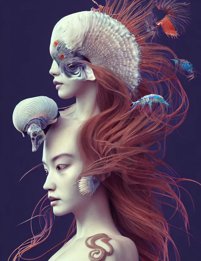 Image similar to 3 d goddess half - turn portrait with long hair with ram skull. beautiful intricately detailed japanese crow kitsune mask and clasical japanese kimono. betta fish, jellyfish phoenix, bio luminescent, plasma, ice, water, wind, creature, artwork by tooth wu and wlop and beeple and greg rutkowski