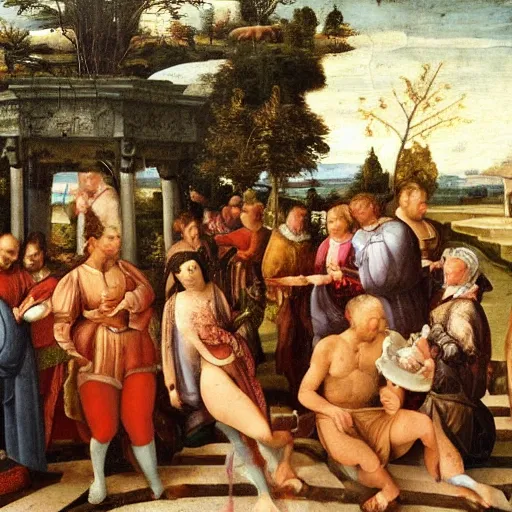 Prompt: social encounters, depictions of the scene and free love hangs - often al fresco, detail renaissance oil painting