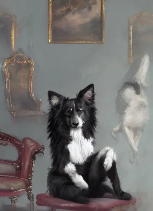 Image similar to wide angle beautiful full body portrait of a male anthropomorphic anthro border collie fursona sitting in a parlor room, character design by charlie bowater, henry asencio, and ross tran, disney, scenic background, detailed, aesthetic, trending on artstation, furaffinity, deviantart