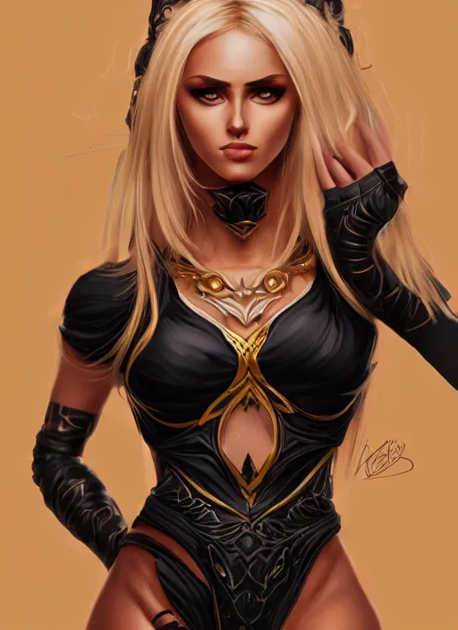 Prompt: a highly detailed illustration of fierce blonde tanned skin goddess ereshkigal wearing black dress, dramatic powerful pose, perfect face, perfect body, muscular, intricate, elegant, highly detailed, centered, digital painting, artstation, concept art, smooth, sharp focus, league of legends concept art, wlop