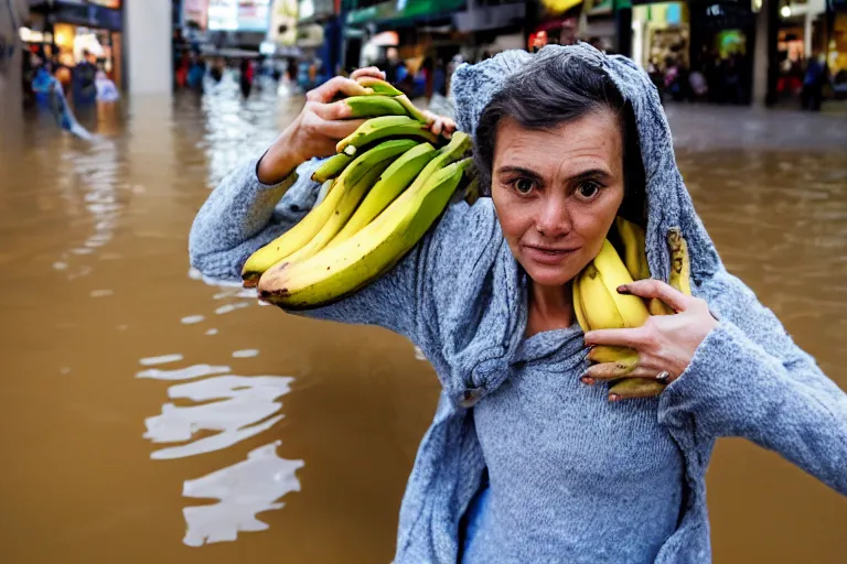 Prompt: closeup portrait of a woman carrying a bunch of bananas over her head in a flood in Rundle Mall in Adelaide in South Australia, photograph, natural light, sharp, detailed face, magazine, press, photo, Steve McCurry, David Lazar, Canon, Nikon, focus