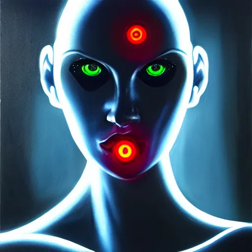 Image similar to hyperrealism oil painting portrait of cyberpunk cyborg fashion model with glowing eyes