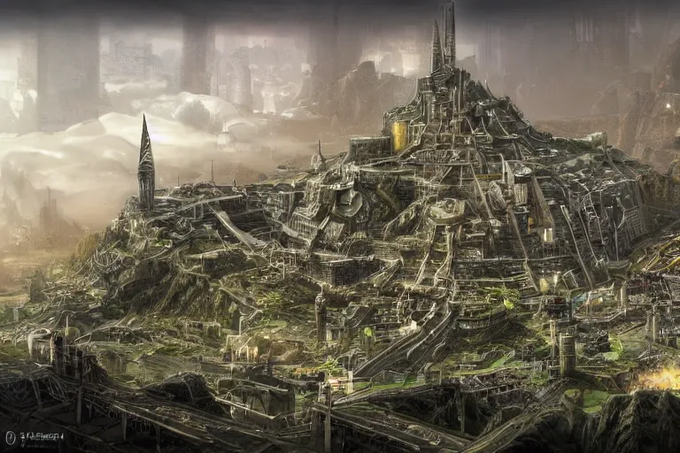 Image similar to cyberpunk minas tirith, extremely detailed landscape architecture wide-shot