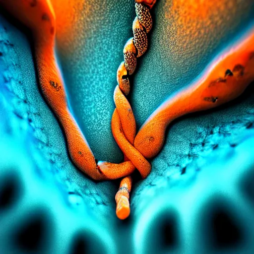 Image similar to closeup of beautiful human bodies intertwined, 3 d fractals, mandelbulb, dripping wet, skin, macro photography, highly detailed, hyperrealism, cinematic, cyan and orange
