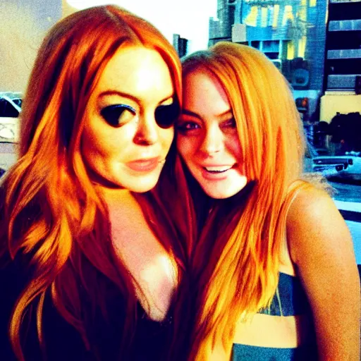 Image similar to Selfie photograph of Lindsay Lohan and Lindsay Lohan, golden hour, 8k,