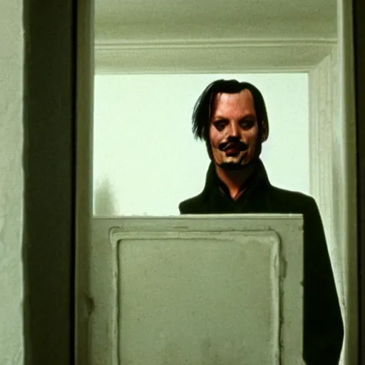 Image similar to Johnny Depp as Jack Torrance in Shining looking through the hole in the door,