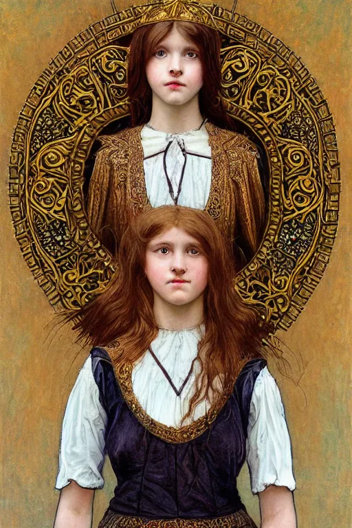 Image similar to a head and torso art nouveau portrait of a 16-year old sun goddess who resembles Anne of Green Gables with a worried, intense gaze and slightly opened mouth, ornate intricate mother-of-pearl battle armor, intricate, elegant, highly detailed, digital painting, artstation, concept art, smooth, sharp focus, illustration, art by John William Waterhouse and Bouguereau and Donato Giancola and alphonse mucha