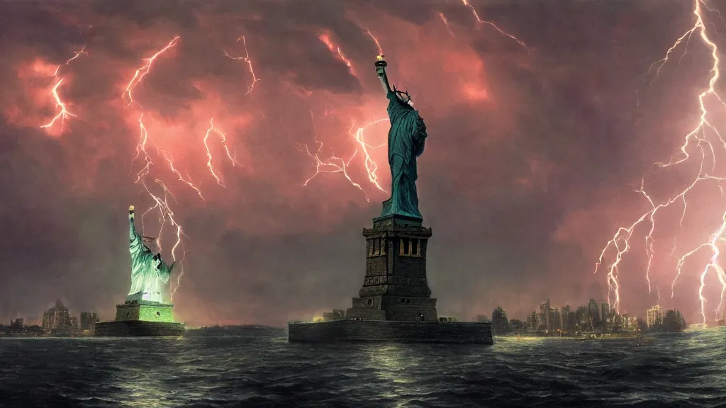Prompt: cthulhu destroying statue of liberty, lightning, storms, volumetric lightning by eugene von guerard, ivan shishkin, dramatic lighting, concept art, trending on artstation, 8 k