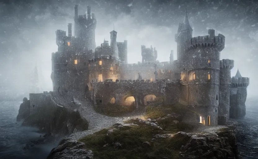 Prompt: magnificent castle besides the sea in the snowstorm at dark night, doomy, Unreal Engine, cinematic photography, highly-detailed, games of thrones, HBO, high resolution, 8k, photorealistic, stunning volumetric lighting