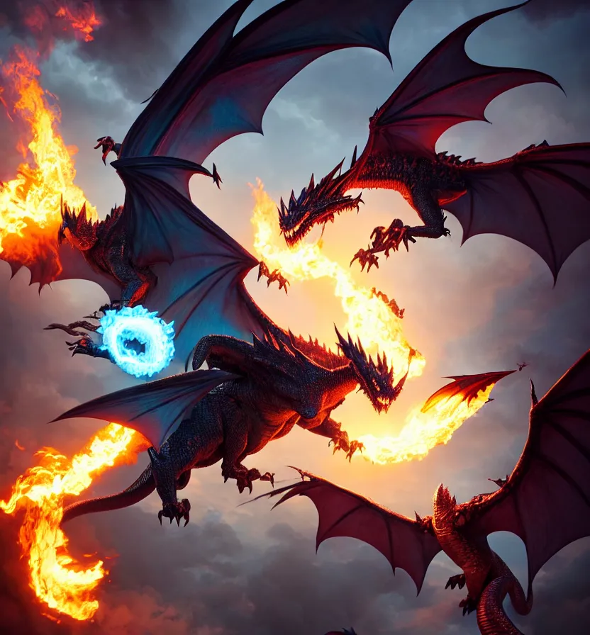 Prompt: fantasy creature setting, a flying dragon with huge wings, scales, smoke, fire by andreas rocha, peter mohrbacher, monster hunter rise 8 k 3 d photoreal rich detail photography