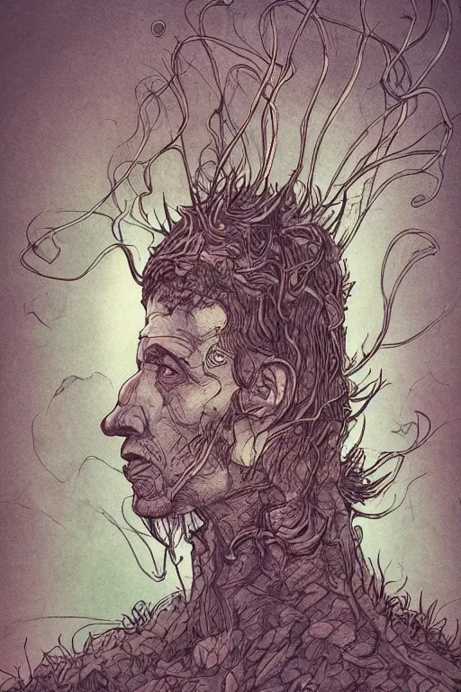 Image similar to portrait of bugfolk head and shoulders, in the style of Greg Broadmore and Arthur Rackham and Moebius, trending on artstation, light lighting side view,digital art,surrealism ,macro,blueprint ,vaporwave ,